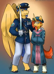 Size: 873x1200 | Tagged: safe, artist:kaemantis, deleted from derpibooru, derpibooru import, flash sentry, sunburst, anthro, pegasus, pony, unguligrade anthro, unicorn, clothes, flashburst, gay, male, shipping, sword, weapon