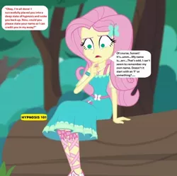 Size: 626x624 | Tagged: safe, derpibooru import, edit, edited screencap, editor:thomasfan45, screencap, fluttershy, human, equestria girls, equestria girls series, text support, 1000 hours in ms paint, barrette, book, clothes, cropped, cute, description is relevant, dress, female, geode of fauna, hypnosis, hypnotized, implied hypnosis, implied sunset shimmer, legs, log, magical geodes, memory loss, offscreen character, outdoors, shyabetes, sitting, solo, speech bubble, story included, text support: fluttershy, textbook, thinking, tree