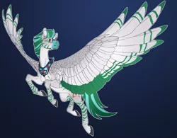 Size: 4222x3300 | Tagged: safe, artist:turnipberry, deleted from derpibooru, derpibooru import, oc, oc:kilani, unofficial characters only, pegasus, zebra, zebrasus, blue background, colored wings, colored wingtips, glasses, image, png, realistic horse legs, realistic wings, simple background, solo, spread wings, wings, zebra oc