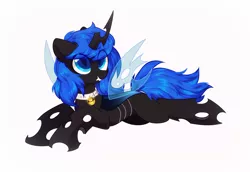 Size: 2408x1660 | Tagged: artist:mirtash, bell, bell collar, blue changeling, changeling, changeling oc, collar, derpibooru import, fangs, oc, oc:blue visions, safe, simple background, solo, unofficial characters only, white background