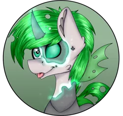 Size: 1274x1209 | Tagged: safe, artist:chazmazda, derpibooru import, oc, unofficial characters only, changeling, pony, :p, commission, commissions open, digital art, green changeling, highlight, horn, magic, profile picture, shade, shading, simple background, solo, tongue out, transparent background, wings, your character here