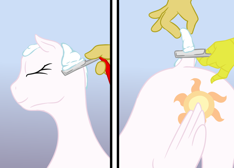 Size: 1020x732 | Tagged: suggestive, artist:jpgr, deleted from derpibooru, derpibooru import, discord, princess celestia, alicorn, fanfic:celestia's new life, ass up, bald, butt, comic, dislestia, dock, female, fetish, male, presenting, razor, shaved head, shaved tail, shaving, shipping, story included, straight
