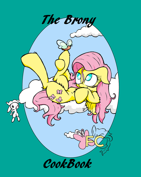 Size: 2550x3200 | Tagged: safe, alternate version, artist:lucas_gaxiola, derpibooru import, angel bunny, fluttershy, bird, butterfly, pegasus, pony, rabbit, animal, cloud, colored, female, looking up, mare, on a cloud, on back, raised leg, text