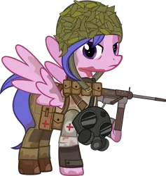 Size: 900x949 | Tagged: semi-grimdark, alternate version, artist:n0kkun, derpibooru import, oc, oc:redheart cross, unofficial characters only, pegasus, pony, armor, bandage, blood, boots, clothes, combat armor, combat medic, dirt, female, gas mask, gloves, gun, helmet, m3 grease gun, mare, mask, military, mud, pants, pouch, red cross, sad, shirt, shoes, simple background, solo, submachinegun, transparent background, weapon, world war ii
