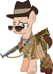 Size: 1280x1795 | Tagged: safe, alternate version, artist:n0kkun, derpibooru import, oc, oc:island hopper, unofficial characters only, earth pony, pony, bandolier, belt, boots, broken glasses, bullet, camouflage, clothes, crying, dirt, dog tags, female, gun, hat, knife, mare, military, mud, nervous, pants, pouch, sad, scar, scarf, shirt, shoes, shotgun, simple background, slouch hat, solo, sunglasses, t-shirt, transparent background, traumatized, weapon, world war ii