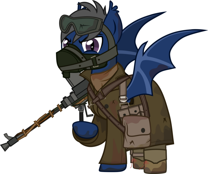 Size: 1024x861 | Tagged: safe, alternate version, artist:n0kkun, derpibooru import, oc, oc:diamond eyes (ice1517), unofficial characters only, bat pony, pony, army, bag, bat pony oc, bat wings, belt, boots, boys anti tank rifle, clothes, dirt, goggles, gun, male, mask, military, mud, pants, pouch, raised hoof, rifle, saddle bag, shirt, shoes, simple background, solo, stallion, transparent background, trenchcoat, weapon, wings, world war ii