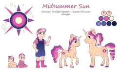 Size: 4300x2500 | Tagged: safe, artist:jackiebloom, derpibooru import, oc, oc:midsummer sun, pony, unicorn, equestria girls, baby, baby pony, female, filly, magical lesbian spawn, offspring, parent:sci-twi, parent:sunset shimmer, parent:twilight sparkle, parents:scitwishimmer, parents:sunsetsparkle, reference sheet, simple background, solo, transparent background