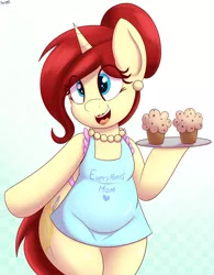 Size: 3144x4038 | Tagged: safe, artist:an-tonio, derpibooru import, oc, oc:golden brooch, pony, semi-anthro, unicorn, adorkable, apron, bipedal, chubby, clothes, cute, dork, food, hair bun, happy, jewelry, mom, muffin, necklace, open mouth, smiling, solo, tray