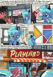 Size: 2060x2988 | Tagged: safe, artist:newyorkx3, derpibooru import, princess luna, oc, oc:tommy, alicorn, human, pony, comic:young days, abstract art, comic, modern art, s1 luna, speech bubble, teary eyes