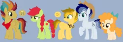 Size: 1406x488 | Tagged: safe, artist:putrid-pie, artist:selenaede, derpibooru import, oc, oc:aurora golden gala, oc:autumn harvest, oc:buck wild, oc:limelight apple, oc:pear jam, unofficial characters only, earth pony, pegasus, pony, base used, brother and sister, brothers, female, male, offspring, parent:applejack, parent:soarin', parents:soarinjack, siblings, sisters
