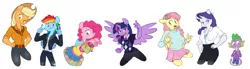 Size: 8414x2315 | Tagged: safe, artist:chub-wub, derpibooru import, applejack, fluttershy, pinkie pie, rainbow dash, rarity, spike, twilight sparkle, twilight sparkle (alicorn), alicorn, anthro, dragon, earth pony, pegasus, unicorn, alternate hairstyle, applejack's hat, belt, blushing, bracelet, breasts, cleavage, clothes, cowboy hat, eyeshadow, female, freckles, hairpin, hat, hoodie, jacket, jeans, jewelry, leather jacket, makeup, male, mane seven, mane six, miniskirt, one eye closed, open mouth, pants, pantyhose, shirt, side slit, simple background, skirt, socks, stockings, striped pantyhose, striped socks, sweater, sweater vest, sweatershy, t-shirt, thigh highs, torn clothes, wall of tags, white background, wink, wristband
