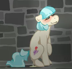 Size: 1407x1357 | Tagged: suggestive, artist:rustypennies, deleted from derpibooru, derpibooru import, coco pommel, earth pony, pony, blushing, desperation, fetish, need to pee, omorashi, pissing, potty emergency, potty time, public, public urination, relief, urine