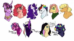 Size: 1280x705 | Tagged: safe, artist:minsona, derpibooru import, applejack, fluttershy, pinkie pie, rainbow dash, rarity, twilight sparkle, oc, oc:dappled starlight, oc:lasting legacy, oc:scattered light, earth pony, pegasus, pony, unicorn, alternate design, bust, clothes, female, glasses, hatless, heart eyes, heterochromia, jewelry, kirin hybrid, lesbian, magical lesbian spawn, male, mane six, mare, missing accessory, necklace, next generation, offspring, omniship, parent:applejack, parent:fluttershy, parent:pinkie pie, parent:rainbow dash, parent:rarity, parent:twilight sparkle, parents:flutterdash, parents:pinkiedash, parents:rarilight, parents:twinkie, polyamory, shipping, simple background, stallion, straw in mouth, sweater, sweatershy, tongue out, white background, wingding eyes