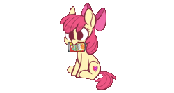 Size: 900x480 | Tagged: safe, artist:higgly-chan, derpibooru import, apple bloom, earth pony, pony, adorabloom, animated, beefaroni, bow, can, chef boyardee, cute, digital art, eye clipping through hair, female, filly, gif, hair bow, mouth hold, nom, simple background, sitting, solo, transparent background