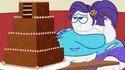 Size: 1024x576 | Tagged: suggestive, artist:jamesawilliams1996, derpibooru import, rarity, series:rarity's flabulous life, equestria girls, bbw, belly, big belly, big breasts, breasts, busty rarity, cake, chocolate cake, clothes, dress, eating, fat, food, fork, frosting, heart, huge belly, implied ragamuffin, morbidly obese, obese, plate, raritubby, restaurant, ripped dress, ripping clothes, squishy, ssbbw, wedged