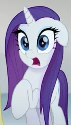 Size: 299x528 | Tagged: safe, derpibooru import, screencap, rarity, pony, unicorn, my little pony: the movie, cropped, female, floppy ears, frown, long hair, looking at you, mare, open mouth, raised hoof, shocked, shocked expression, solo focus, wet, wet mane, wet mane rarity, wide eyes