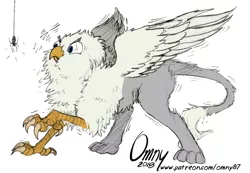 Size: 800x553 | Tagged: safe, artist:omny87, artist:tinibirb, color edit, derpibooru import, edit, oc, oc:der, unofficial characters only, gryphon, spider, behaving like a bird, birb, birds doing bird things, cheek fluff, chest fluff, colored, fluffy, frown, glare, leg fluff, neck fluff, puffy cheeks, scared, shivering, sketch, solo, spread wings, tail fluff, wide eyes, wing fluff, wings
