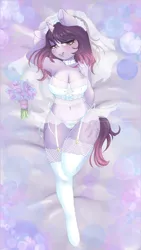 Size: 1158x2048 | Tagged: anthro, armpits, artist:wickedsilly, bouquet, breasts, bridal lingerie, choker, clothes, corset, derpibooru import, flower, frilly underwear, garter, garter belt, jewelry, lingerie, looking at you, married, oc, oc:wicked silly, panties, ring, socks, stockings, suggestive, thigh highs, underwear, unguligrade anthro, unofficial characters only, wedding night, wedding ring, wedding veil, white underwear
