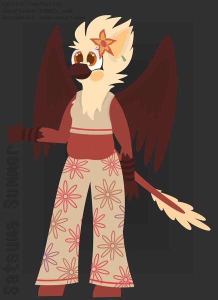 Size: 2974x4096 | Tagged: safe, artist:xeiier, artist:xeller, derpibooru import, oc, oc:satsuma summer, anthro, gryphon, fullbody, hippie, present, solo