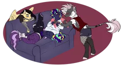 Size: 1280x690 | Tagged: anthro, artist:minsona, clothes, couch, derpibooru import, magical lesbian spawn, next generation, oc, oc:blueberry muffin, oc:metal sonnet, oc:moonlit rhythm, oc:scattered light, offspring, parent:fluttershy, parent:pinkie pie, parent:rainbow dash, parents:flutterdash, parents:pinkiedash, safe, siblings, unguligrade anthro
