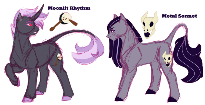 Size: 1280x658 | Tagged: safe, artist:minsona, derpibooru import, oc, oc:metal sonnet, oc:moonlit rhythm, unofficial characters only, earth pony, unicorn, cutie mark, leonine tail, magical lesbian spawn, next generation, offspring, parent:octavia melody, parent:vinyl scratch, parents:scratchtavia, reference sheet, siblings, simple background, transparent background