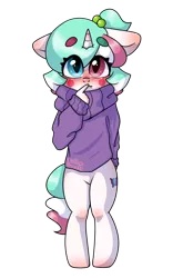 Size: 1000x1512 | Tagged: safe, artist:cottonsweets, derpibooru import, oc, oc:cottonsweets, ponified, unofficial characters only, anthro, candy pony, cat, cat pony, food pony, original species, pony, unguligrade anthro, unicorn, blushing, clothes, cute, female, food, hair tie, heterochromia, looking at you, mare, simple background, solo, standing, sweater, transparent background, wide eyes