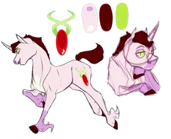 Size: 1280x1037 | Tagged: safe, artist:minsona, derpibooru import, oc, oc:cherry cider, unofficial characters only, unicorn, magical lesbian spawn, next generation, offspring, parent:applejack, parent:rarity, parents:rarijack, reference sheet, simple background, solo, transparent background