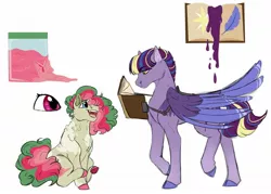 Size: 1280x914 | Tagged: safe, artist:minsona, derpibooru import, oc, oc:plum syrup, oc:watermelon syrup, unofficial characters only, earth pony, pegasus, book, magical lesbian spawn, next generation, offspring, parent:pinkie pie, parent:rainbow dash, parents:pinkiedash, parents:twidash, parent:twilight sparkle, reference sheet, simple background, white background