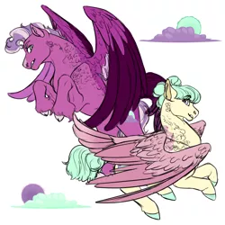 Size: 1024x1024 | Tagged: artist:minsona, derpibooru import, magical lesbian spawn, next generation, oc, oc:pastel macaroon, oc:purple skies, offspring, parent:fluttershy, parent:pinkie pie, parents:flutterpie, pegasus, reference sheet, safe, siblings, simple background, unofficial characters only, white background