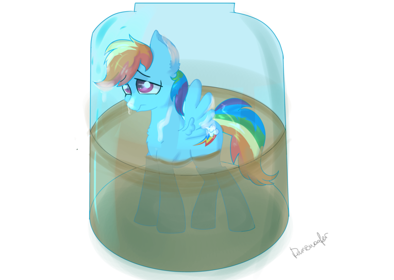 Size: 5548x3936 | Tagged: questionable, artist:dumbwoofer, derpibooru import, rainbow dash, pegasus, pony, abuse, cum, cum jar, dashabuse, female, jar, lewd container meme, mare, pony cum jar project, pony in a bottle, simple background, solo, transparent background, why