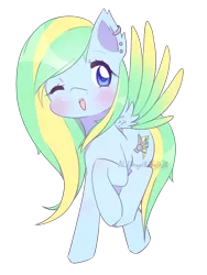 Size: 1500x2000 | Tagged: safe, artist:alilangelkitty, derpibooru import, oc, oc:lightning strike, unofficial characters only, earth pony, pegasus, pony, cute, ear piercing, earring, earth pony oc, female, hair over one eye, jewelry, mare, ocbetes, one eye closed, pegasus oc, piercing, raised hoof, simple background, solo, transparent background, two toned mane, wings, wink