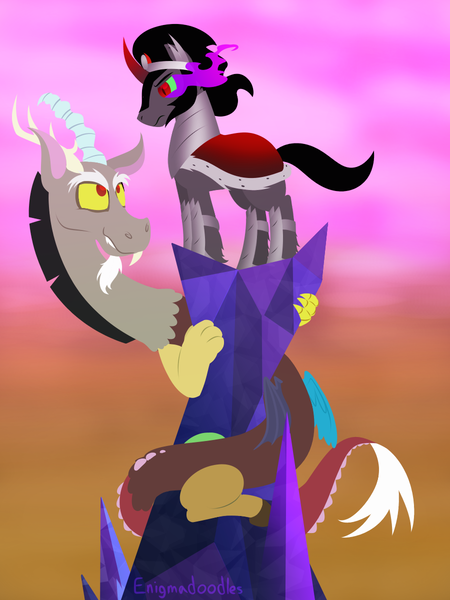 Size: 900x1200 | Tagged: safe, artist:enigmadoodles, derpibooru import, discord, king sombra, pony, crystal