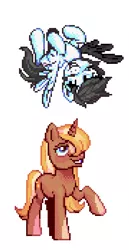 Size: 360x697 | Tagged: safe, artist:hikkage, derpibooru import, oc, oc:snow bright, oc:sunny sam, ponified, pegasus, pony, unicorn, amputee, artificial wings, augmented, female, flying, horn, male, mare, mechanical wing, owner:xheotris, pegaaus, pegasus oc, pixel art, prosthetic limb, prosthetic wing, prosthetics, snowsun, stallion, unicorn oc, upside down, wings