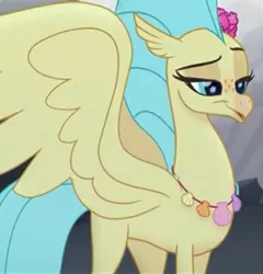 Size: 568x592 | Tagged: classical hippogriff, cropped, cute, derp, derpibooru import, eyelashes, female, flower, flower in hair, hippogriff, jewelry, lidded eyes, my little pony: the movie, necklace, :o, open mouth, princess skystar, safe, screencap, skyabetes, solo, spread wings, wings