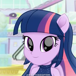 Size: 1920x1920 | Tagged: safe, artist:aryatheeditor, derpibooru import, twilight sparkle, twilight sparkle (alicorn), alicorn, equestria girls, clothes, looking at you, magic, photo, ponied up, pony ears, shirt, sleeveless, sleeveless shirt, smiley face, smiling, solo, straight hair, wings