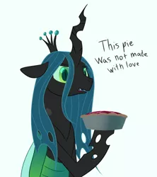Size: 800x900 | Tagged: artist:enigmadoodles, changeling, changeling queen, crown, cute, cutealis, derpibooru import, dessert, dialogue, disappointed, female, food, holding, jewelry, open mouth, pie, queen chrysalis, regalia, safe, simple background, solo, white background
