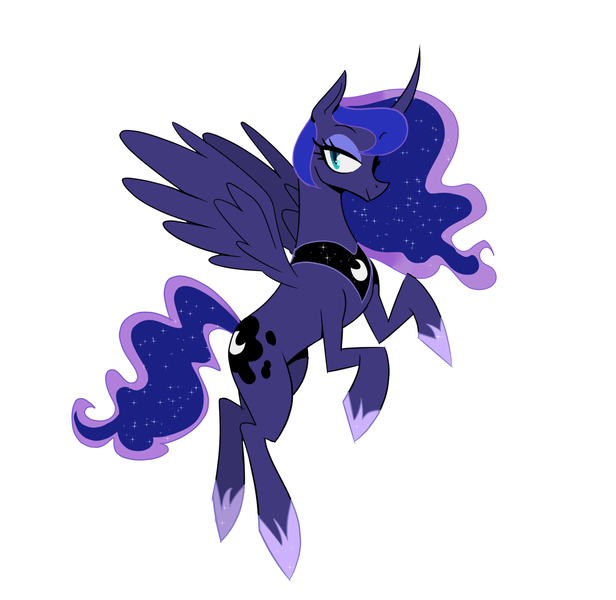 Size: 1484x1446 | Tagged: safe, artist:cassettepunk, deleted from derpibooru, derpibooru import, princess luna, alicorn, pony, curved horn, female, flying, horn, lidded eyes, mare, simple background, smiling, solo, white background