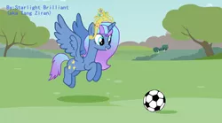 Size: 4000x2220 | Tagged: safe, artist:starlight brilliant, derpibooru import, oc, oc:starlight resplendent, unofficial characters only, alicorn, pony, alicorn oc, crown, female, football, horn, jewelry, regalia, solo, sports, tail, wings