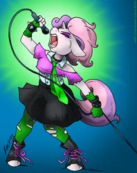 Size: 951x1200 | Tagged: safe, artist:kaemantis, deleted from derpibooru, derpibooru import, sweetie belle, anthro, unguligrade anthro, unicorn, alternate mane style, boots, bracelet, clothes, commission, image, jpeg, metal belle, microphone, older, older sweetie belle, pantyhose, punk, ripped pantyhose, rock, rock and roll, shirt, shoes, skirt, spiked wristband, wristband