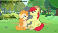 Size: 1280x720 | Tagged: safe, derpibooru import, edit, edited screencap, screencap, bright mac, pear butter, the perfect pear, apple, apple tree, brightbutter, cowboy hat, dialogue, female, food, hat, male, pear, pear tree, romeo and juliet, shipping, straight, tree, william shakespeare