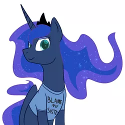 Size: 900x900 | Tagged: safe, artist:enigmadoodles, derpibooru import, princess luna, alicorn, pony, blame my sister, clothes, curved horn, horn, magic shirt, shirt, smiling, solo