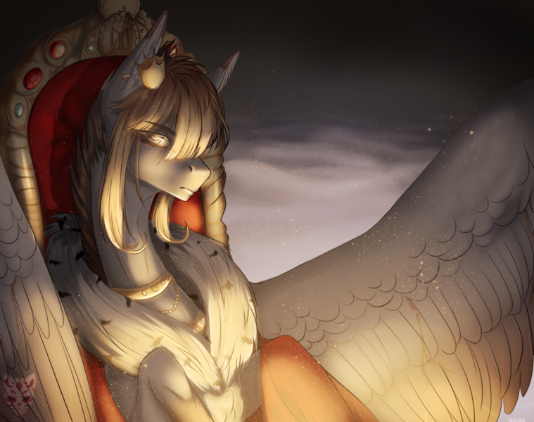 Size: 1900x1501 | Tagged: safe, artist:lastaimin, derpibooru import, oc, pegasus, pony, bust, crown, jewelry, male, portrait, regalia, solo, stallion, throne