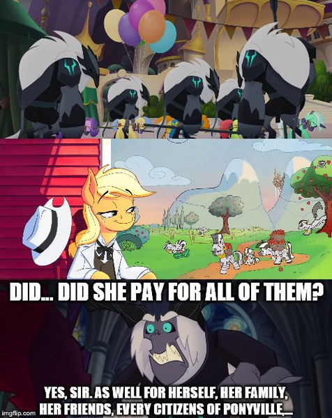 Size: 500x630 | Tagged: alternate ending, applejack, applejack's plantation, artist:anontheanon, caption, derpibooru import, edit, edited screencap, image macro, meme, my little pony: the movie, oc, out of character, racism, safe, screencap, slave, slavery, storm guard, storm king, tempest shadow, text, zebra, zebra oc, zecora