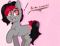 Size: 1300x1000 | Tagged: safe, artist:lazerblues, derpibooru import, oc, oc:miss eri, unofficial characters only, earth pony, pony, blushing, cut, dialogue, pink background, scar, simple background, solo