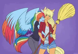 Size: 1550x1080 | Tagged: safe, artist:j3r1k0, derpibooru import, applejack, rainbow dash, human, equestria girls, appledash, broom, clothes, colored wings, female, humanized, large wings, lesbian, multicolored wings, one eye closed, ponied up, rainbow wings, shipping, shorts, tailed humanization, tongue out, wings, wink