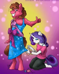 Size: 962x1200 | Tagged: abstract background, anthro, artist:kaemantis, clothes, crossdressing, derpibooru import, dress, duo, female, male, mare, oc, oc:glitch, rarity, safe, simple background, stallion, unguligrade anthro