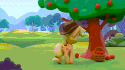 Size: 800x450 | Tagged: safe, derpibooru import, screencap, applejack, earth pony, pony, my little pony: pony life, my little pony: stop motion short, pillow fight (short), animated, apple, apple tree, applejack's hat, basket, cowboy hat, derp, dizzy, female, food, gif, hat, knocked silly, mare, pillow, silly, silly pony, solo, spinning eyes, stop motion, tree, who's a silly pony