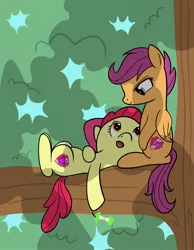 Size: 1280x1652 | Tagged: safe, artist:dinkyuniverse, derpibooru import, apple bloom, scootaloo, sweetie belle, earth pony, pegasus, pony, apple, apple core, comforting, couple, cutie mark, cutie mark crusaders, female, filly, foal, food, hanging out, head on lap, hearts and hooves day, lesbian, love, relaxing, scootabloom, scootalove, shipping, tree, tree branch