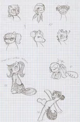 Size: 797x1211 | Tagged: safe, artist:ravenpuff, deleted from derpibooru, derpibooru import, oc, oc:51, oc:claudia, oc:melusine, oc:puffy, oc:rowena, oc:skye gazer, oc:star shot, unofficial characters only, earth pony, pony, unicorn, :d, alternate hairstyle, balancing, bust, clothes, earth pony oc, eyes closed, female, freckles, frown, glasses, goggles, graph paper, horn, lineart, lined paper, mare, miniskirt, pigtails, plaid skirt, pleated skirt, sad, sigh, sitting, skirt, smiling, traditional art, unicorn oc