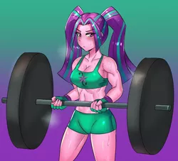 Size: 1024x931 | Tagged: suggestive, artist:tzc, derpibooru import, part of a set, aria blaze, equestria girls, anime, aria brute, biceps, breasts, clothes, commission, female, fingerless gloves, gloves, midriff, muscles, pigtails, shorts, solo, sports bra, sports shorts, sweat, twintails, weight lifting, weights, workout, workout outfit